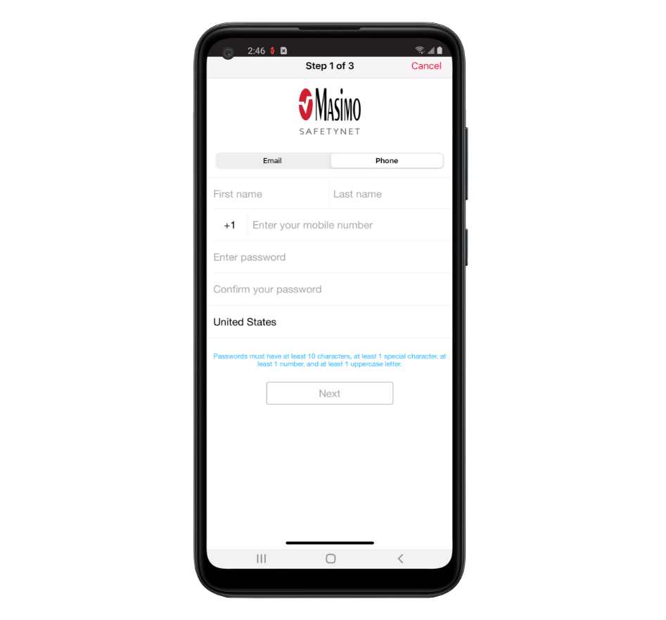 Smartphone showing Masimo SafetyNet patient sign-up screen.